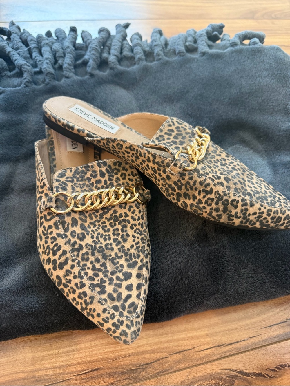 Steve Madden Leopard-Print Pointed Toe Mules with Gold Chain
